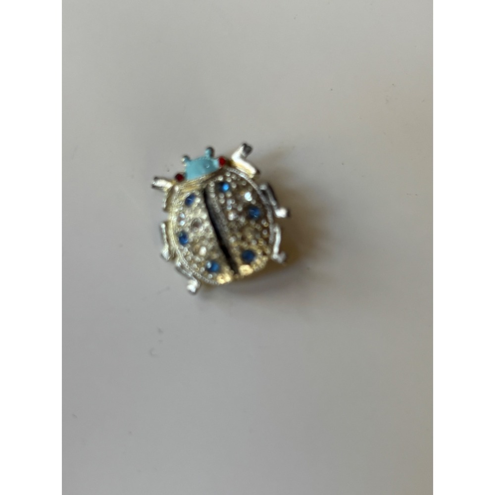 Vintage Silver Tone Ladybug Brooch Blue Clear Rhinestone Enamel Insect Pin